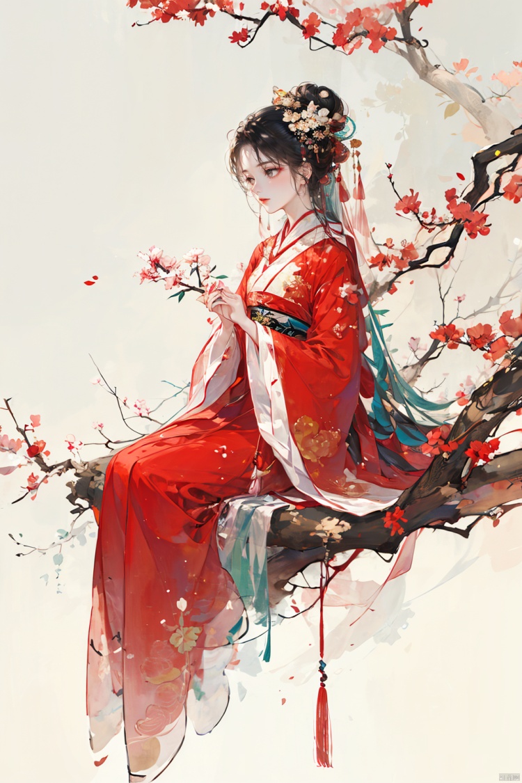 1girl, solo, long hair, black hair, hair ornament, long sleeves, dress, sitting, full body, flower, hair flower, wide sleeves, hair bun, chinese clothes, red dress, own hands together, branch, red lips, hanfu