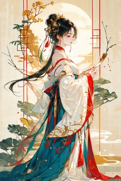 1girl, solo, long hair, black hair, hair ornament, long sleeves, dress, holding, bare shoulders, jewelry, closed mouth, standing, full body, closed eyes, earrings, off shoulder, hair bun, from side, chinese clothes, hanfu