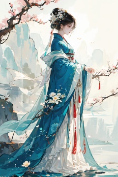 1girl, solo, black hair, hair ornament, long sleeves, dress, jewelry, closed mouth, standing, full body, flower, hair flower, wide sleeves, white dress, profile, looking away, chinese clothes, white flower, shawl, stairs, branch, hanfu
