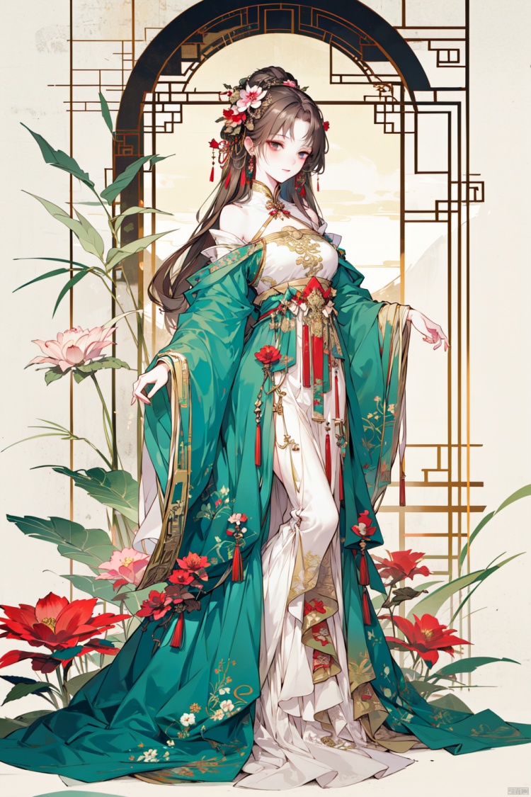  1girl, bare_shoulders, black_hair, brown_hair, chinese_clothes, closed_mouth, dress, flower, full_body, hair_ornament, jewelry, long_hair, long_sleeves, looking_at_viewer, pink_flower, red_flower, guoflinke