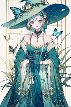  1girl, blue_eyes, dress, gloves, butterfly, bug, hat, solo, long_hair, witch_hat, breasts, blue_dress, blue_butterfly, white_hair, looking_at_viewer, cleavage, jewelry, necklace, black_gloves, holding, blue_headwear, bangs, medium_breasts, witch, flower, choker, lantern, guoflinke