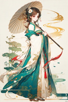1girl, solo, long hair, breasts, looking at viewer, bangs, brown hair, black hair, hair ornament, long sleeves, dress, holding, jewelry, standing, full body, flower, hair flower, wide sleeves, bird, umbrella, chinese clothes, cleavage cutout, white flower, tassel, shawl, holding umbrella, branch, oil-paper umbrella, hanfu