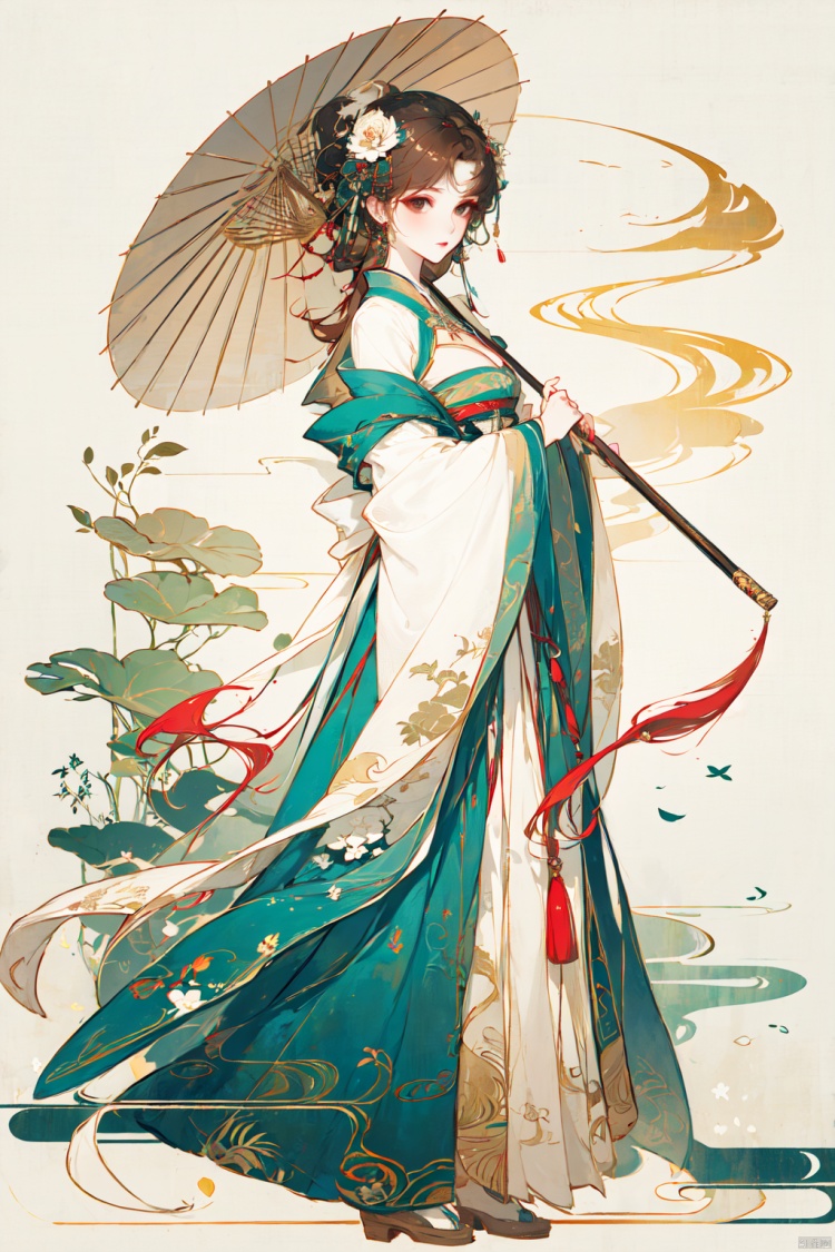 1girl, solo, long hair, breasts, looking at viewer, bangs, brown hair, black hair, hair ornament, long sleeves, dress, holding, jewelry, standing, full body, flower, hair flower, wide sleeves, bird, umbrella, chinese clothes, cleavage cutout, white flower, tassel, shawl, holding umbrella, branch, oil-paper umbrella, hanfu