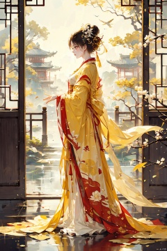 1girl, solo, black hair, hair ornament, long sleeves, dress, closed mouth, standing, full body, flower, indoors, hair flower, wide sleeves, hair bun, from side, tree, window, profile, bird, chinese clothes, single hair bun, white flower, reflection, shawl, architecture, east asian architecture, yellow theme, lotus, updo, hanfu, lattice