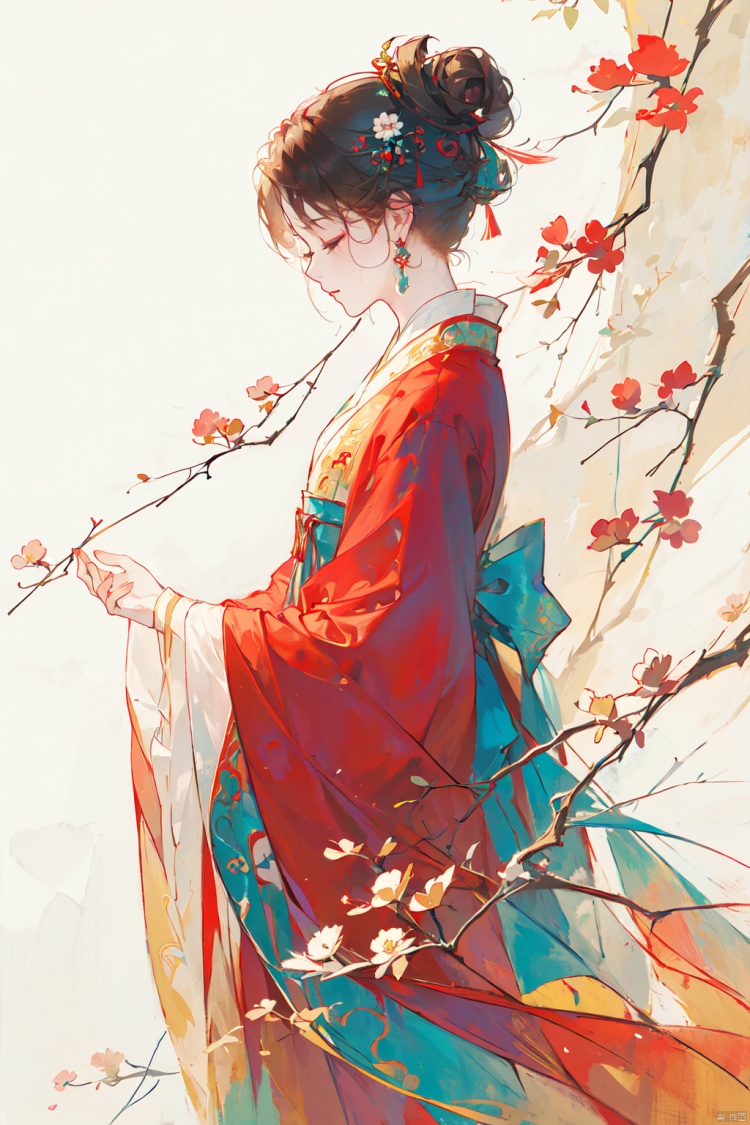 1girl, solo, brown hair, black hair, hair ornament, long sleeves, dress, jewelry, closed mouth, standing, closed eyes, flower, earrings, wide sleeves, hair bun, from side, profile, chinese clothes, red dress, single hair bun, own hands together, branch, hanfu