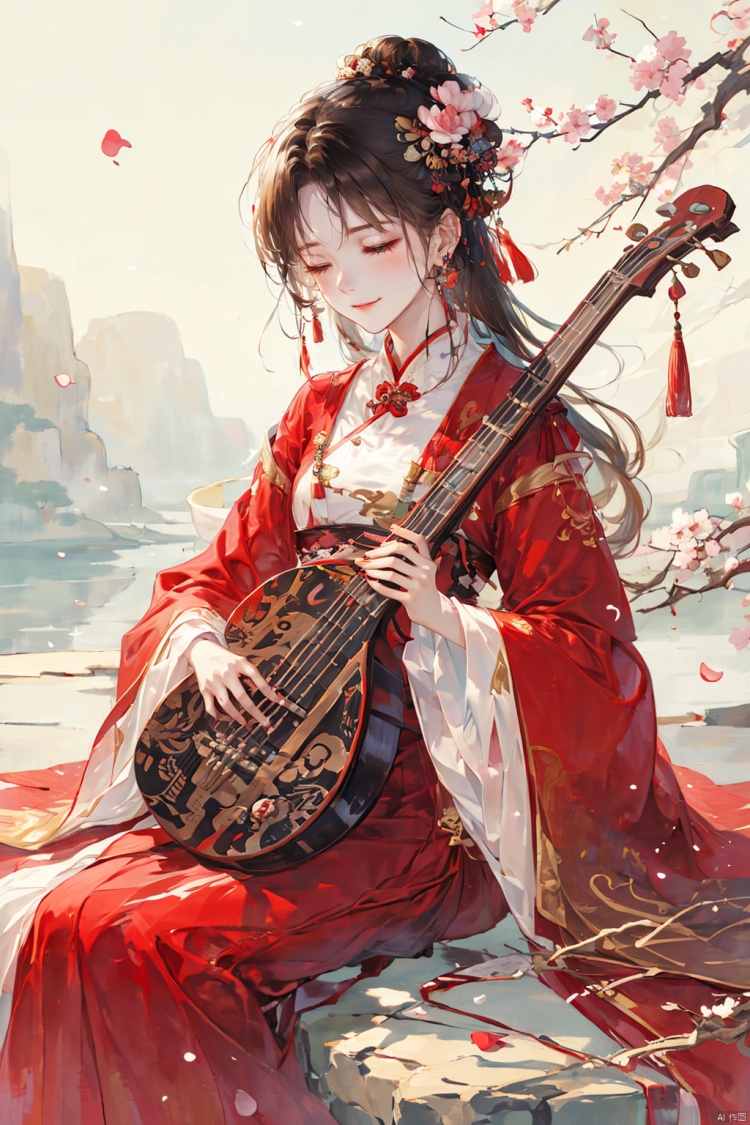 1girl, solo, long hair, smile, brown hair, black hair, hair ornament, long sleeves, dress, holding, jewelry, sitting, closed mouth, closed eyes, flower, earrings, hair flower, wide sleeves, hair bun, petals, chinese clothes, red dress, tassel, instrument, music, playing instrument, holding instrument, hanfu