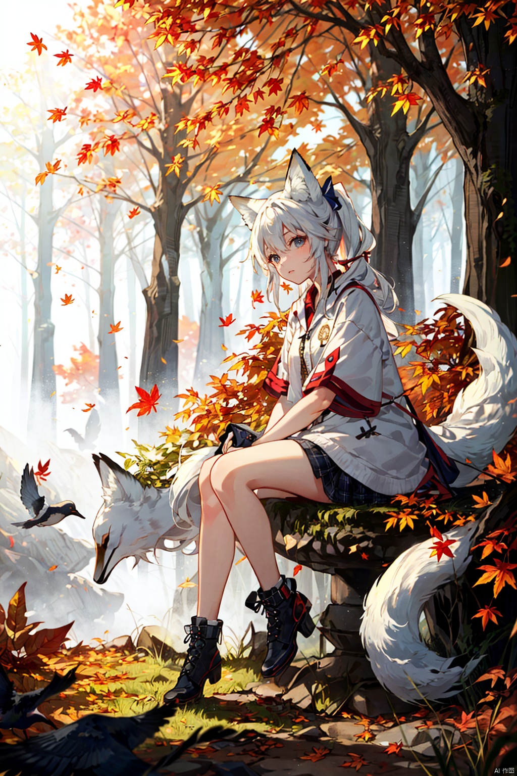 1girl, solo, looking at viewer, sitting, fox ears, full body, strappy heels,plaid shirt, short sleeves,jacket, bow, bangs, low ponytail, blonde hair fox tail, fox girl, kitsune, ((autumn, outdoors, day, forest, falling leaves, bird, leaf)), (fog, dyntall effect), (wide shot, panorama, full body, depth of field),(movie poster,english text),(Flagstone road,branches)<lora:EMS-324093-EMS:0.700000>