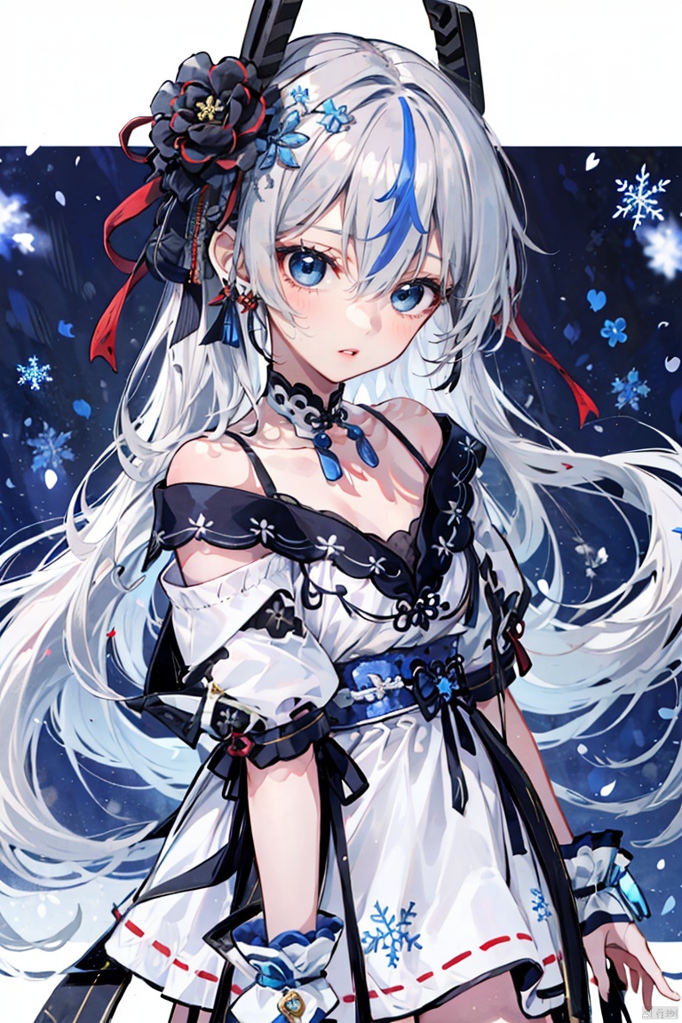 1girl,(chibi),bright outline,1girl, solo, long hair, hair ornament,bangs, collarbone, bare shoulders, dress, parted lips, blue eyes, snowflake hair ornament, hair between eyes, white dress, off-shoulder dress, off shoulder, (\ji jian\), jiqing<lora:EMS-324093-EMS:0.600000>