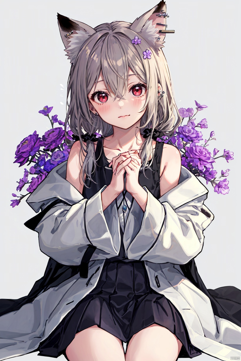 1girl, solo, long hair, looking at viewer, blush, bangs, skirt, simple background, shirt, black hair, red eyes, long sleeves, animal ears, hair between eyes, bare shoulders, sitting, closed mouth, collarbone, jacket, flower, open clothes, sleeveless, wide sleeves, black skirt, grey background, coat, head tilt, hands up, piercing, own hands together, ear piercing, purple flower, wrist scrunchie, erune<lora:EMS-324093-EMS:0.600000>