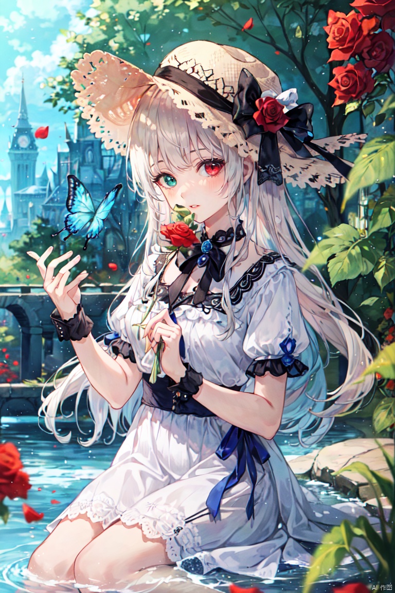 masterpiece, best quality, 1girl, solo, long hair, looking at viewer, bangs, blonde hair, red eyes, hat, dress, bow, holding, very long hair, flower, short sleeves, multicolored hair, parted lips, water, white dress, wrist cuffs, black bow, rose, heterochromia, white headwear, bug, red flower, butterfly, red rose<lora:EMS-324093-EMS:0.600000>