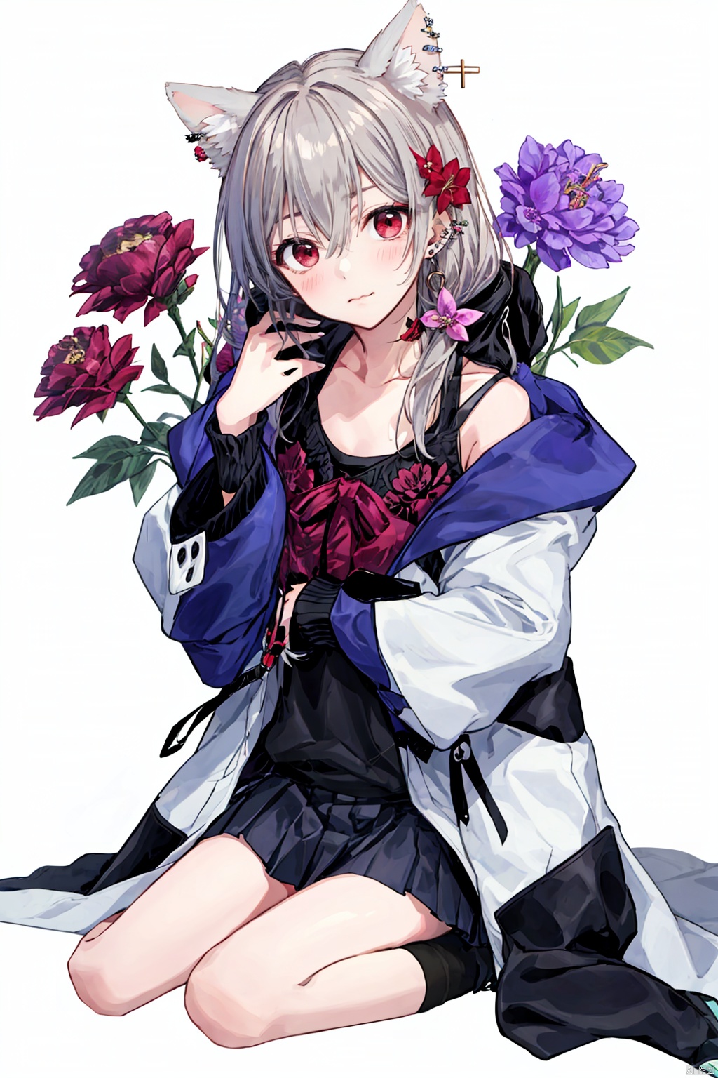 1girl, solo, long hair, looking at viewer, blush, bangs, skirt, simple background, shirt, black hair, red eyes, long sleeves, animal ears, hair between eyes, bare shoulders, sitting, closed mouth, collarbone, jacket, flower, open clothes, sleeveless, wide sleeves, black skirt, grey background, coat, head tilt, hands up, piercing, own hands together, ear piercing, purple flower, wrist scrunchie, erune<lora:EMS-324093-EMS:0.700000>