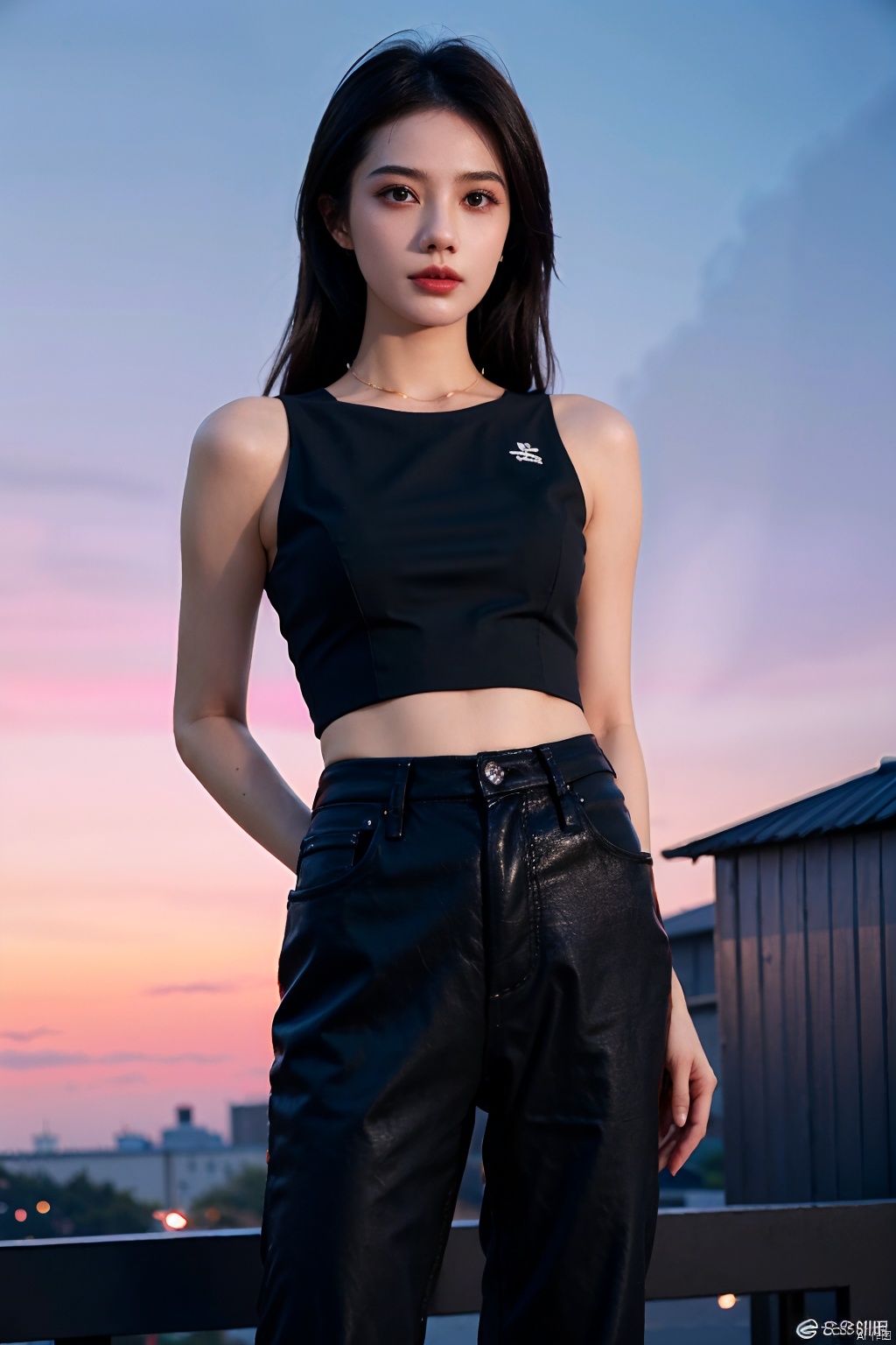  NSFW,Frontal photography,Look front,evening,dark clouds,the setting sun,On the city rooftop,A 20 year old female,Black top,Black Leggings,black hair,long hair, dark theme, muted tones, pastel colors, high contrast, (natural skin texture, A dim light, high clarity) ((sky background))((Facial highlights)), Light master, 1girl