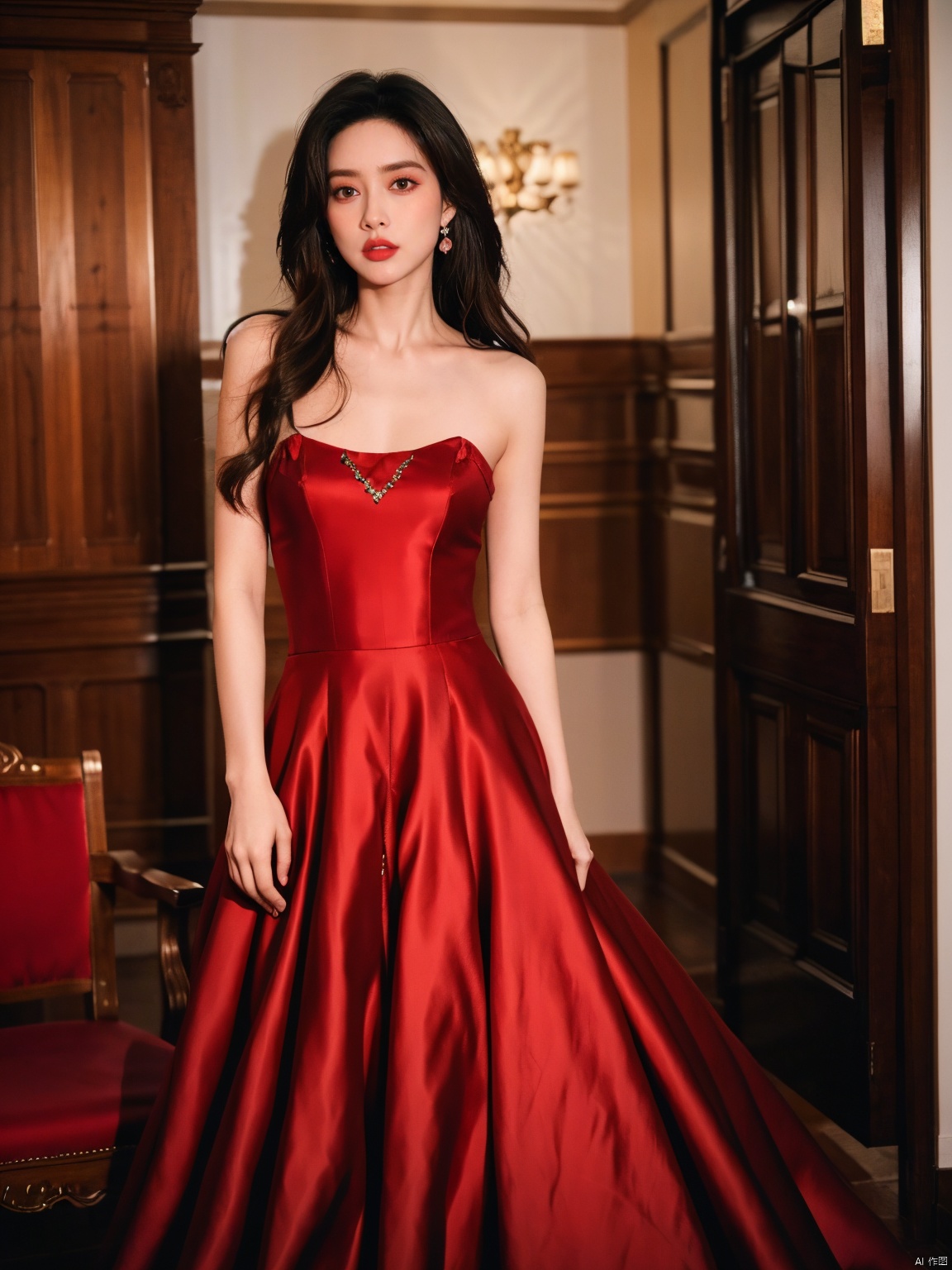  1, 1girl, long hair, brown hair, solo, dress, brown eyes, looking at viewer, holding, red dress, parted lips, bare shoulders, indoors, lips, sleeveless, ((poakl)),nice_body,full_body