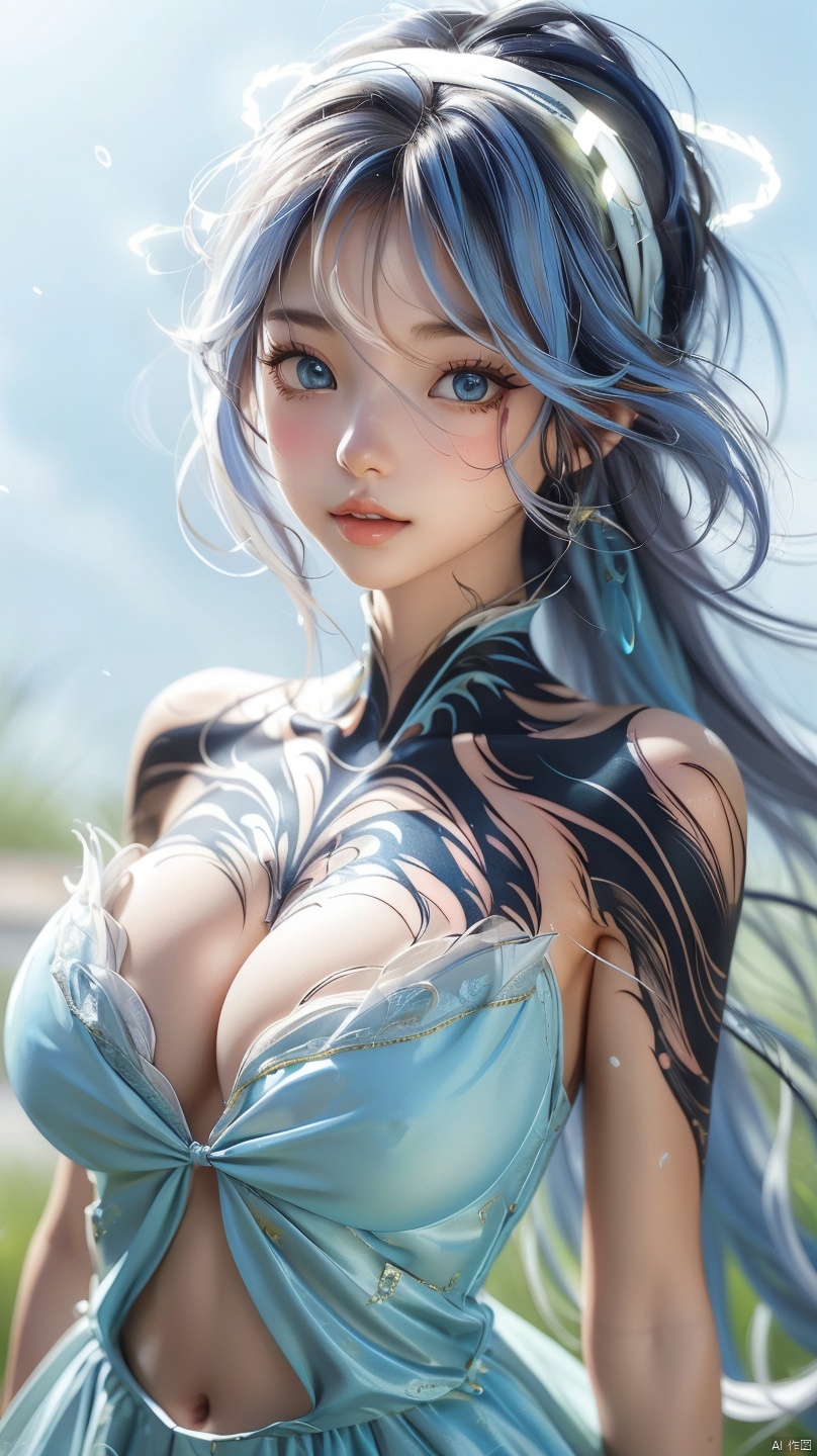 Ylvi-Tattoos,((stomach tattoo)),(messy hair:1.2),1girl, solo, long hair, breasts, looking at viewer, blush, bangs, blue eyes, large breasts, simple background, white background, dress, cleavage, hair between eyes, bare shoulders, blue hair, sweat, hairband, lying, teeth, alternate costume, blue dress, halterneck, halo, on stomach, ako \(blue archive\), ylvi<lora:EMS-324051-EMS:0.800000>, <lora:EMS-321085-EMS:0.600000>, <lora:EMS-244937-EMS:0.400000>
