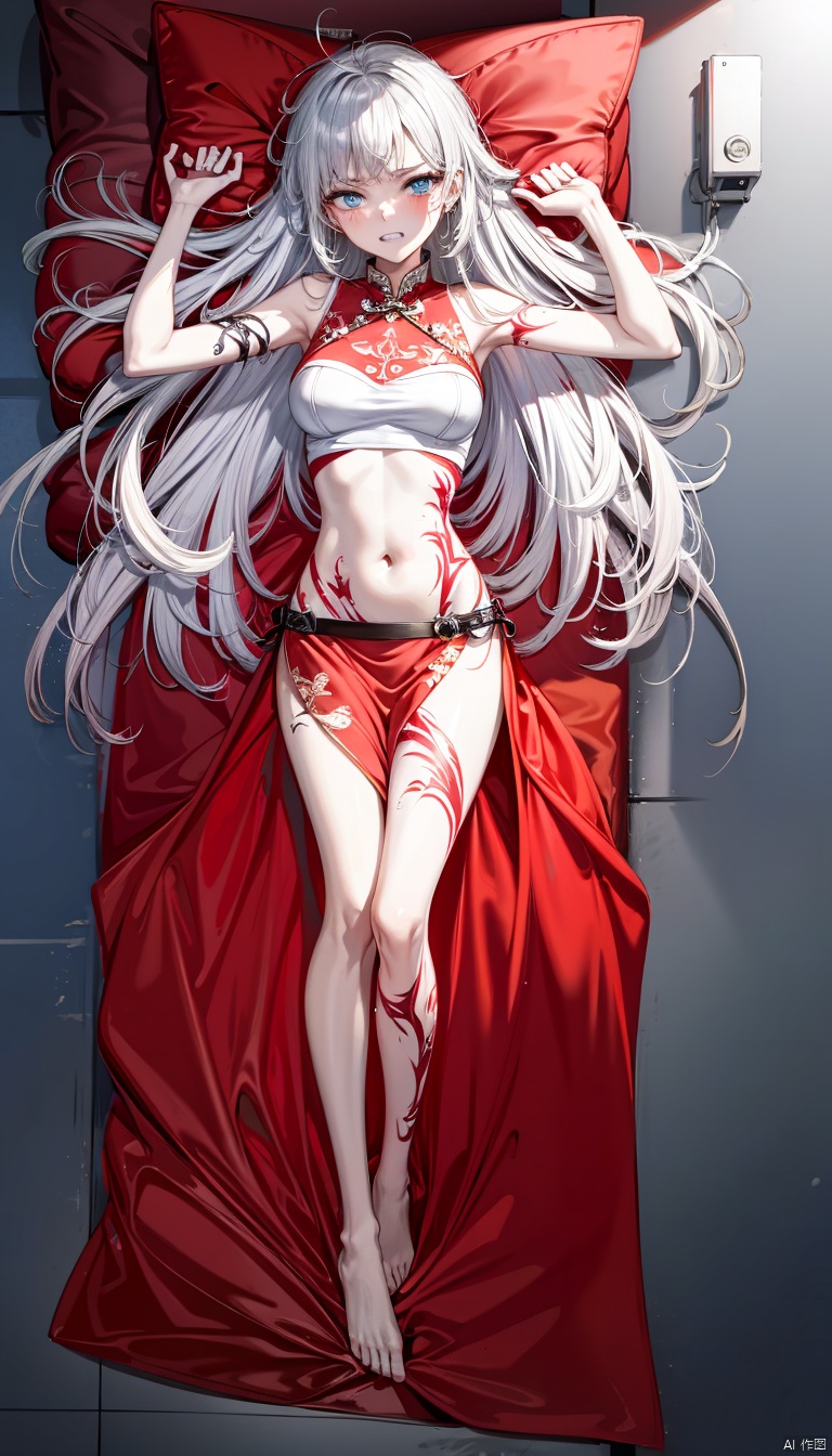 masterpiece,ultra detail,cinematic lighting,(1girl),(full body:1.15),(long silver hair),(white chinese dress),(glowing_eye),(blue eyes),(tsurime),(swept bangs:1.2),(blunt bangs),bangs,bishoujo,whitehair,thigh,barefoot,light purple hair,long hair,(messy hair:1.4),yellow eyes,(heavy breathing:1.2),from above,glaring,(clenched teeth:1.2),(embarrassed:1.1),lying on bed,tattoo,stomach tattoo, Ylvi-Tattoos,red theme, tattoo,leg tattoo<lora:EMS-324051-EMS:0.800000>, <lora:EMS-39494-EMS:0.600000>, <lora:EMS-271670-EMS:0.600000>