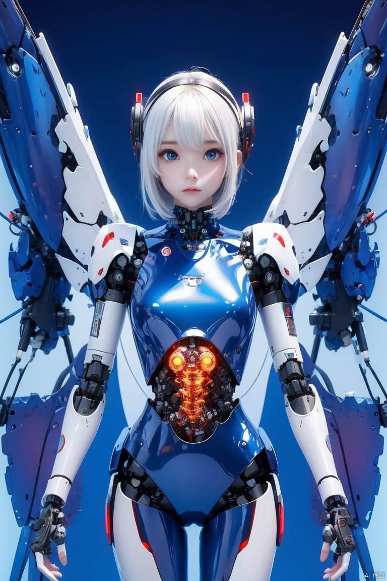  1girl, solo, looking at viewer, short hair, bangs, blue eyes, closed mouth, white hair, wings, glowing, expressionless, robot, science fiction, android, mecha musume, joints, straight-on, robot joints, mechanical parts, spine, hologram, 3D, three views, 3d