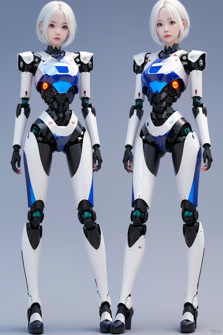  1girl, solo, looking at viewer, short hair, bangs, blue eyes, closed mouth, white hair, glowing, expressionless, robot, science fiction, android, mecha musume, joints, straight-on, robot joints, mechanical parts, spine, hologram, 3D, three views,moyou, 3d, Kehuan,rotbot