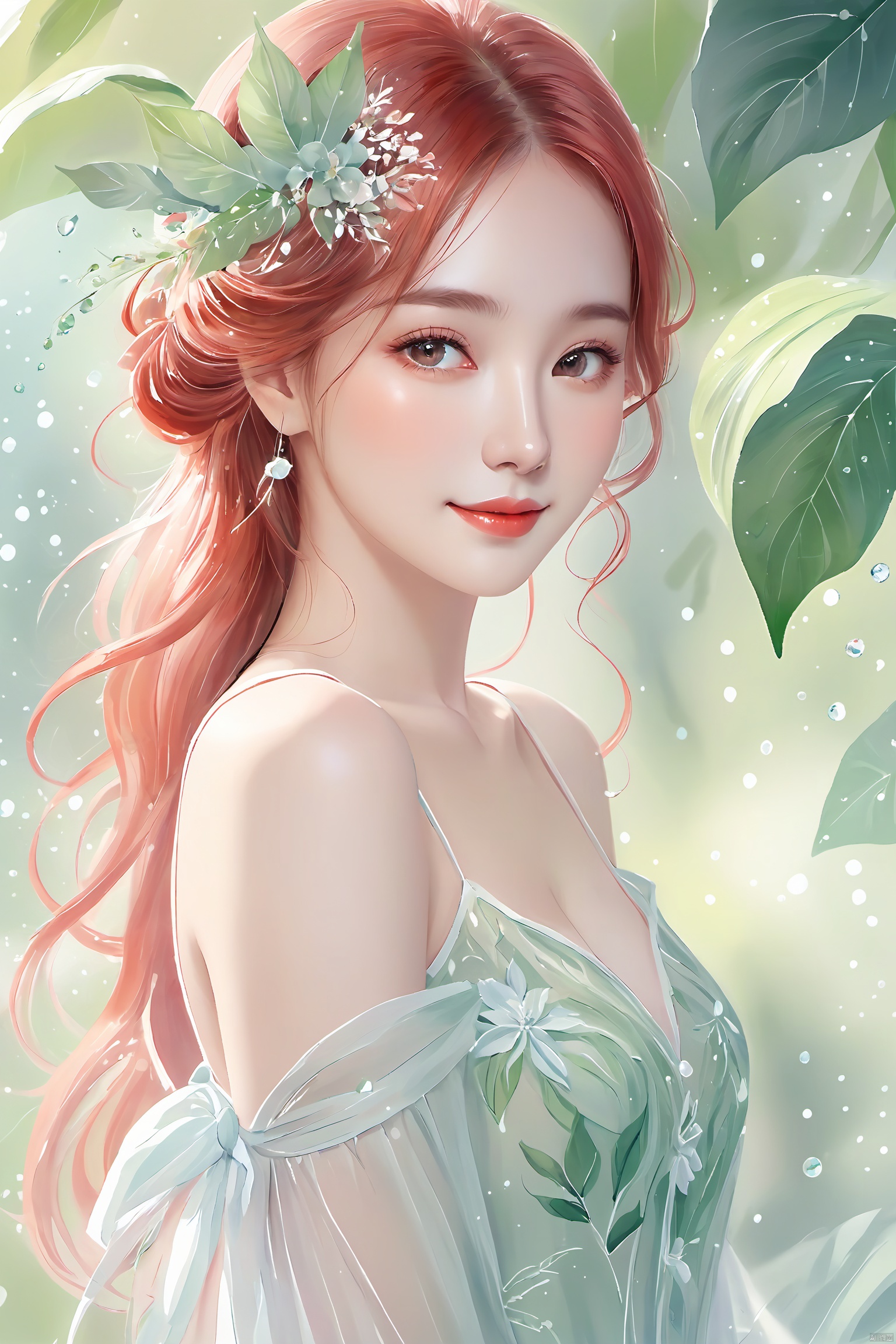  watercolor, 1 girl, detailed, color tone, detailed, dreamy, soft, with intertwined light and shadow between leaves, dewdrops flickering, slender figure, exquisite face, red long hair, floral headwear, leaf skirts, floral decorations, mysterious smile, fresh air, central composition, elegant style, 1girl