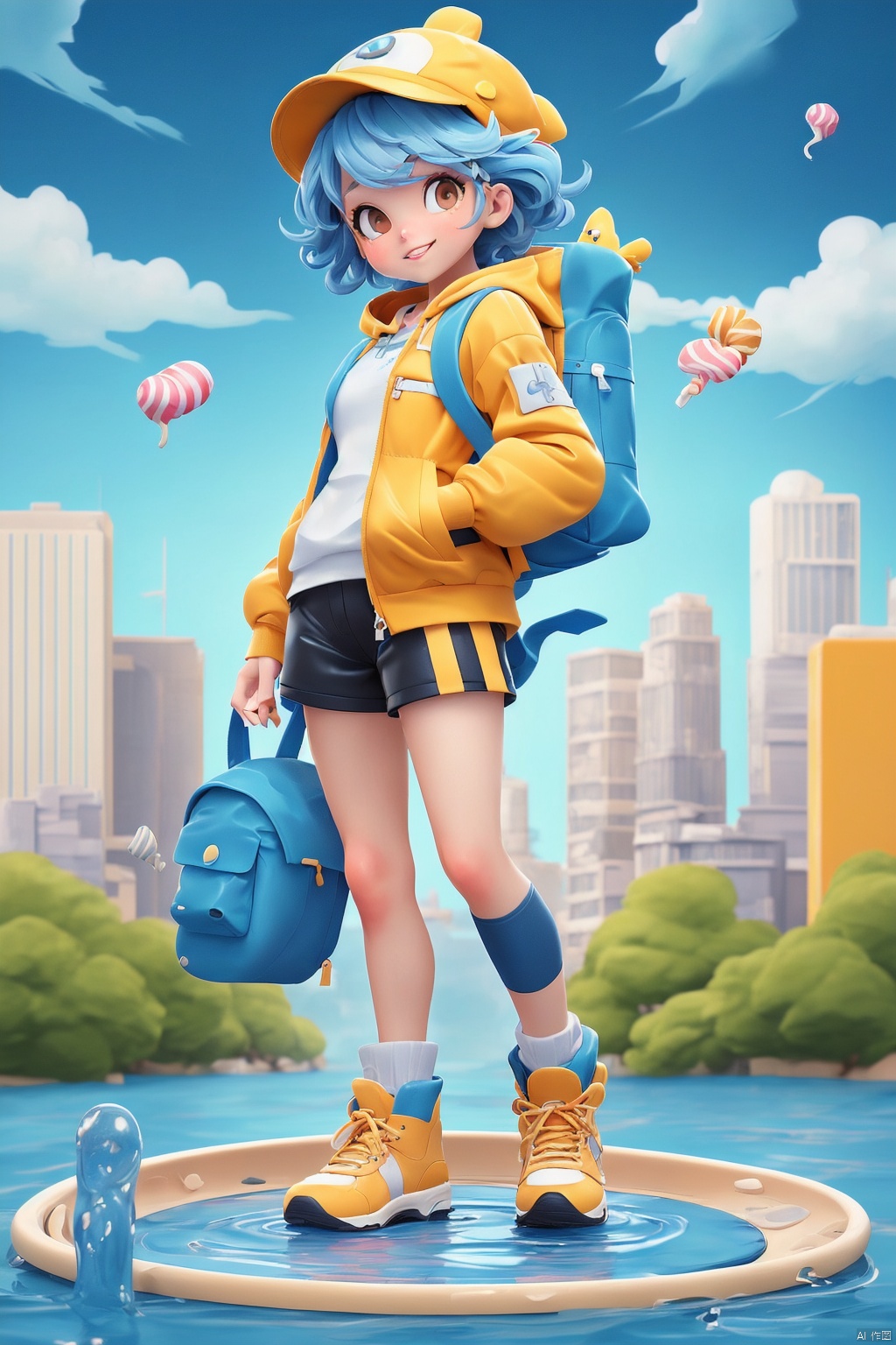 1girl, backpack, cloud, sky, outdoors, blue hair, day, bag, building, shorts, jacket, water, long sleeves, holding, food, blue sky, standing, shoes, skyscraper, looking at viewer, bird, tree, boots, full body, hood, hat, solo, personification, white footwear, smile, holding food, blue jacket, brown eyes, bubble, bangs, city, cloudy sky, sneakers, candy, black shorts, parted lips, short hair