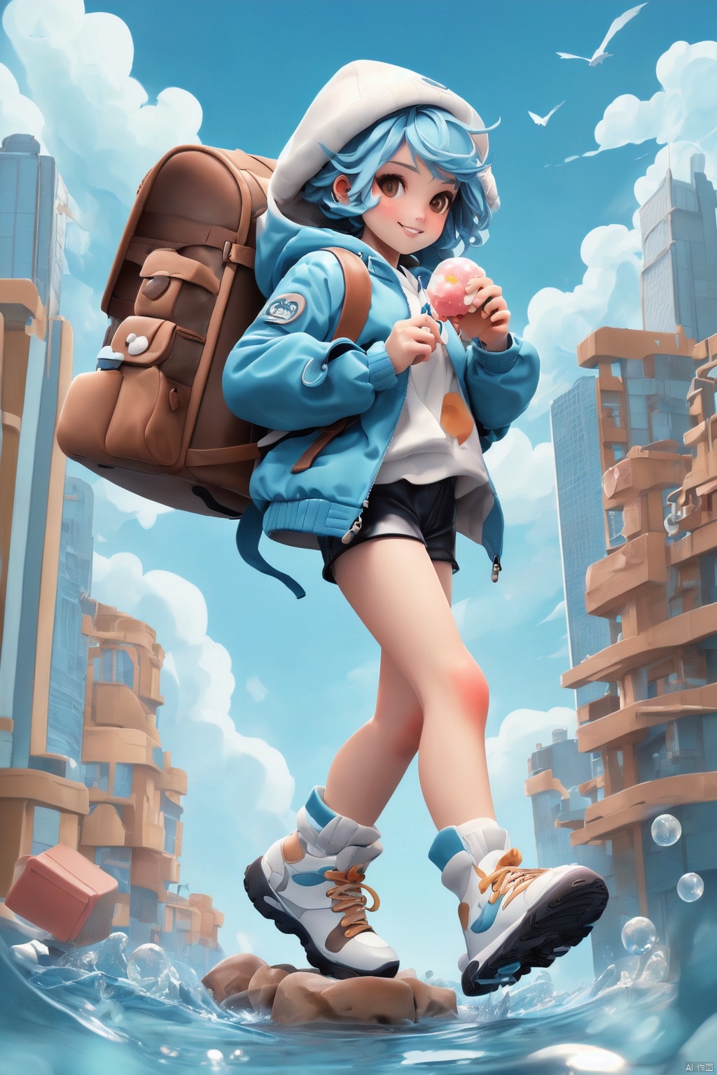1girl, backpack, cloud, sky, outdoors, blue hair, day, bag, building, shorts, jacket, water, long sleeves, holding, food, blue sky, standing, shoes, skyscraper, looking at viewer, bird, tree, boots, full body, hood, hat, solo, personification, white footwear, smile, holding food, blue jacket, brown eyes, bubble, bangs, city, cloudy sky, sneakers, candy, black shorts, parted lips, short hair