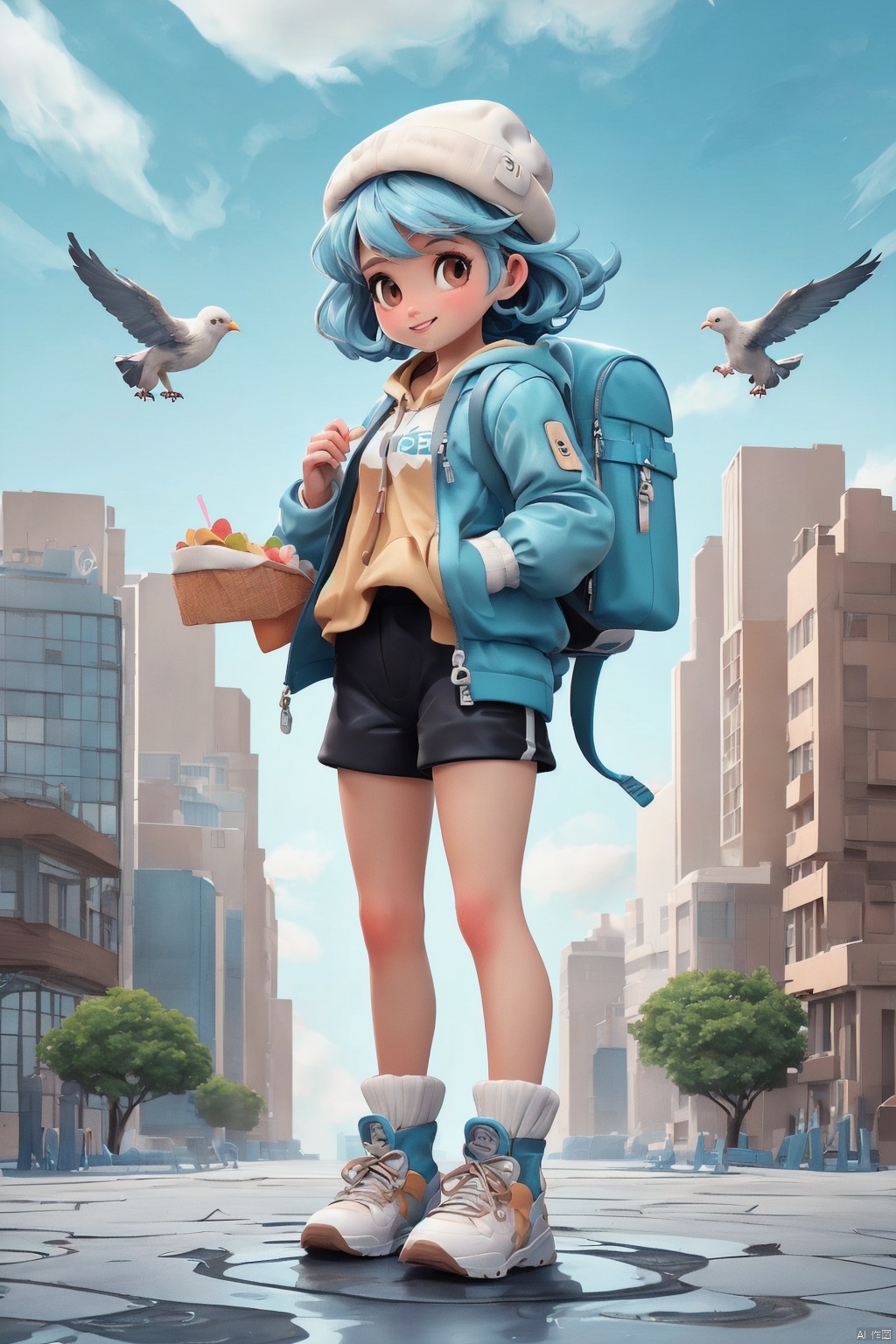 1girl, backpack, cloud, sky, outdoors, blue hair, day, bag, building, shorts, jacket, water, long sleeves, holding, food, blue sky, standing, shoes, skyscraper, looking at viewer, bird, tree, boots, full body, hood, hat, solo, personification, white footwear, smile, holding food, blue jacket, brown eyes, bubble, bangs, city, cloudy sky, sneakers, candy, black shorts, parted lips, short hair