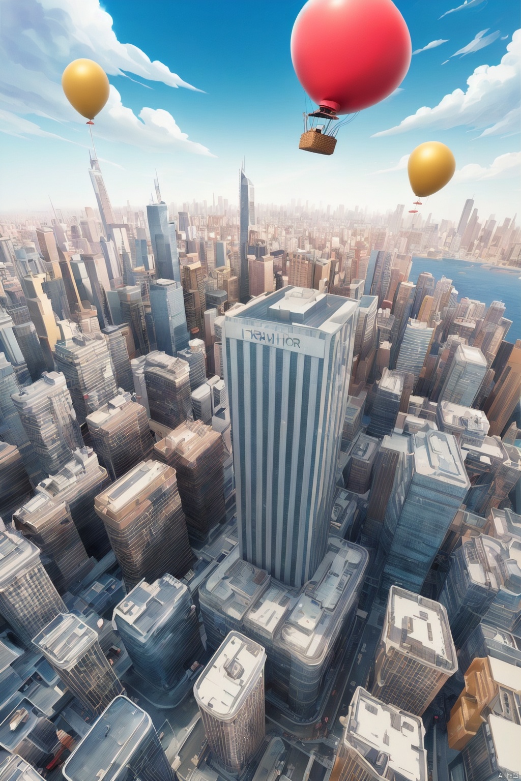 cloud, no humans, sky, scenery, city, cityscape, building, skyscraper, day, aircraft, outdoors, blue sky, balloon