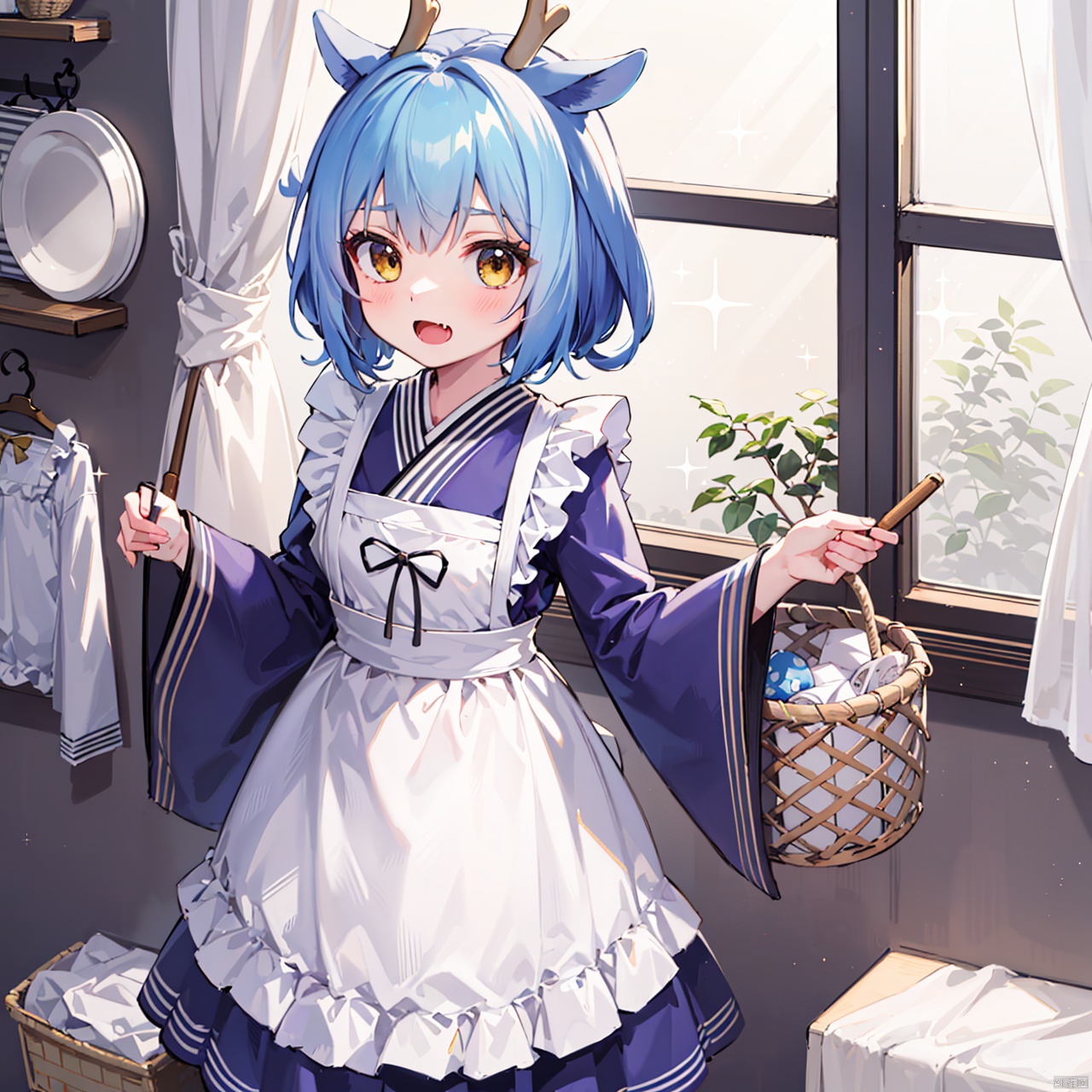  masterpiece, bestquality, Laundry Dragonmaid, 1girl, solo, short hair, open mouth, dress, blue hair, standing, yellow eyes, multicolored hair, japanese clothes, horns, fang, indoors, wide sleeves, apron, maid, window, sparkle, curtains, maid apron, dragon horns, dragon girl, basket, wa maid, laundry,