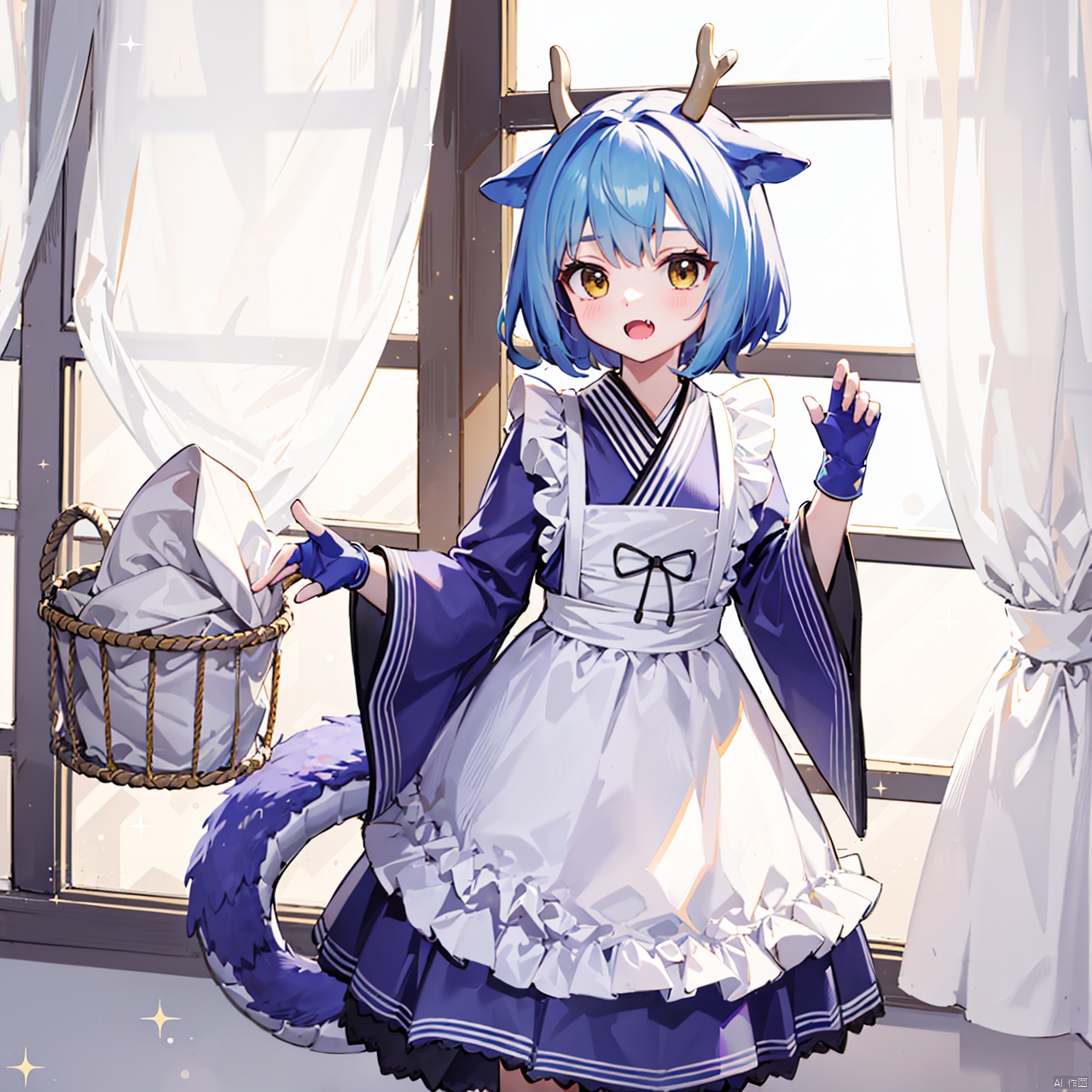  masterpiece, bestquality, Laundry Dragonmaid, 1girl, solo, short hair, open mouth, dress, blue hair, standing, tail, yellow eyes, multicolored hair, japanese clothes, horns, fang, indoors, wide sleeves, fingerless gloves, apron, maid, window, sparkle, curtains, maid apron, dragon horns, dragon girl, basket, wa maid, laundry,