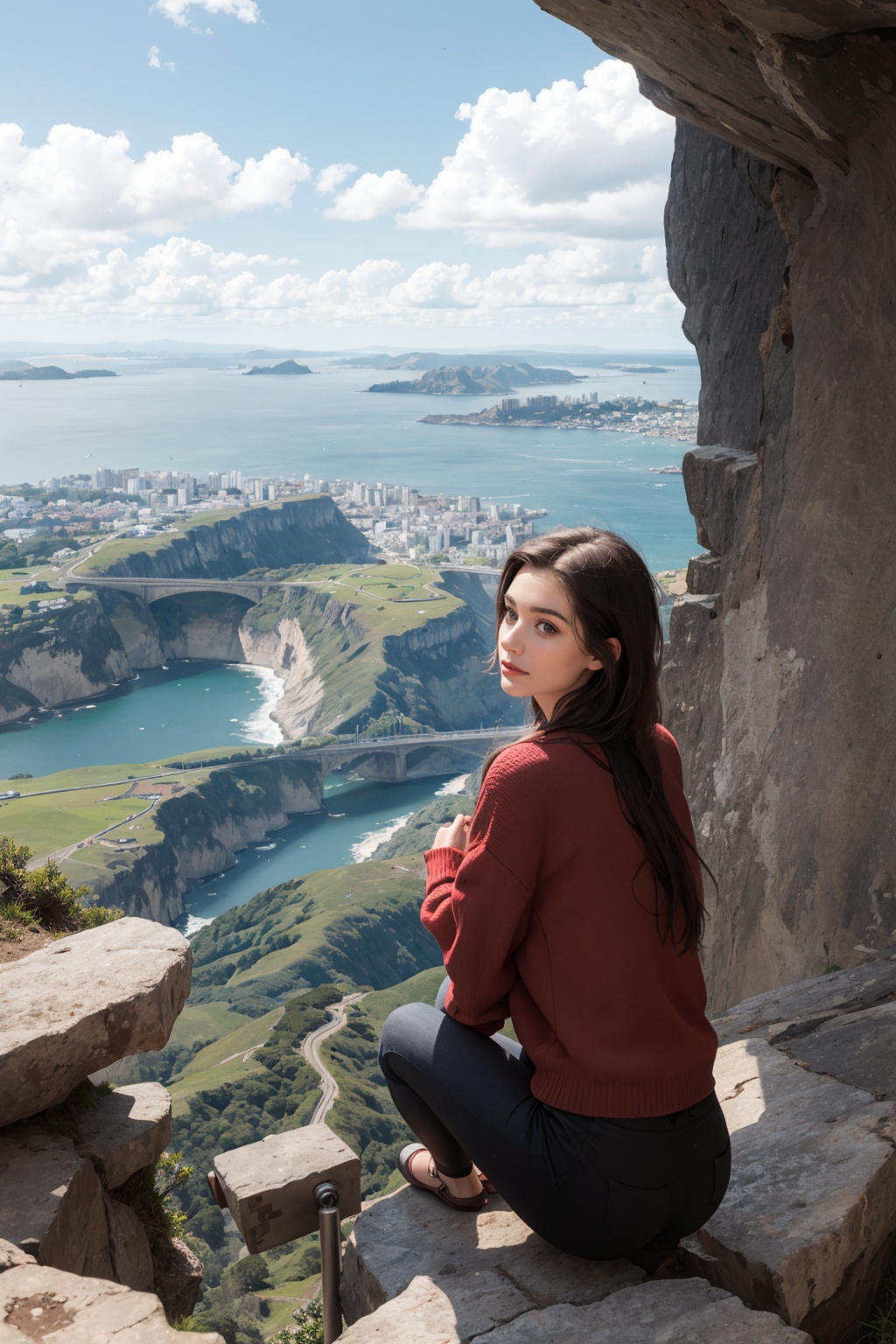 1girl sitting cliff looking to city in distance on Tensor.Art