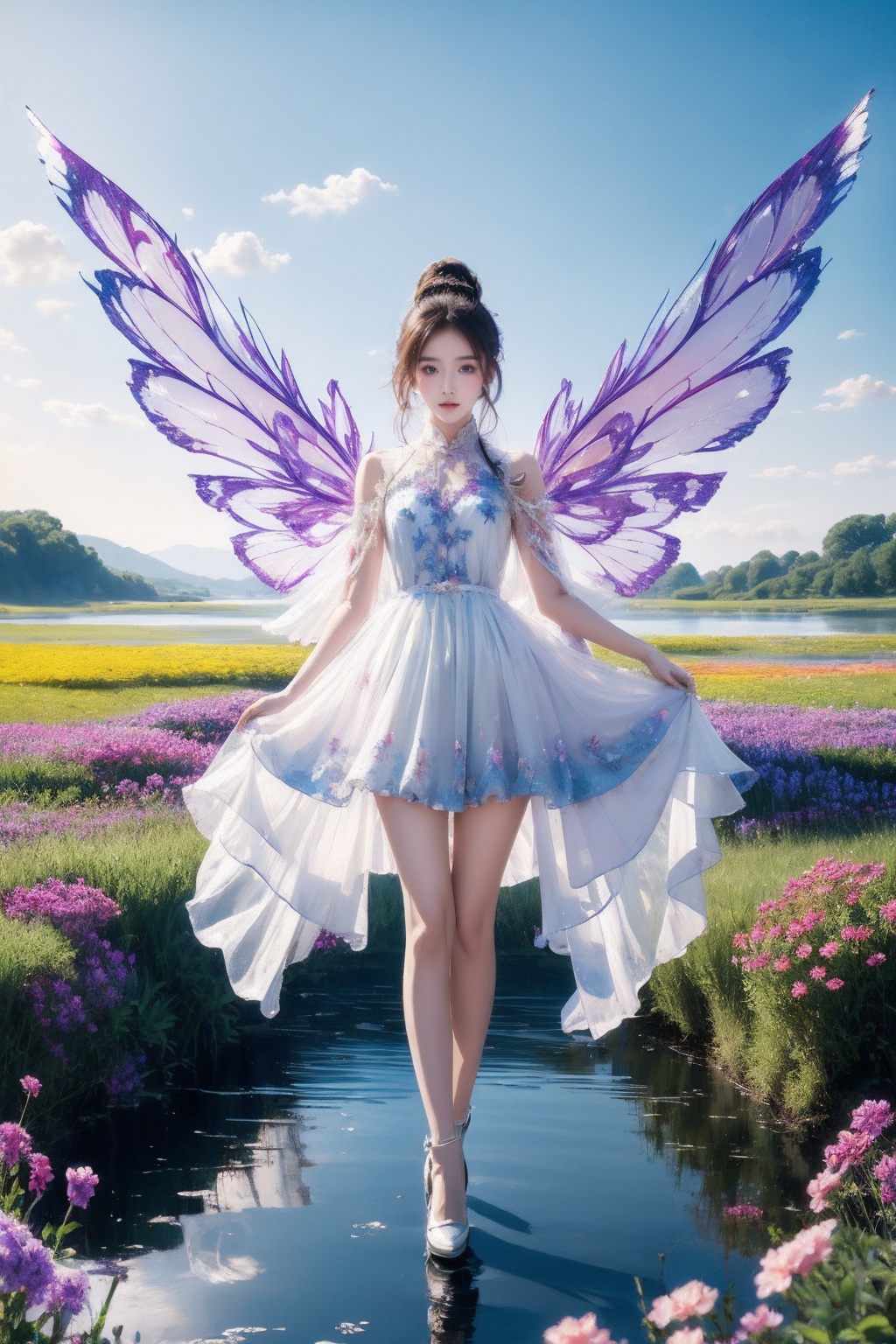 1girl,white dress,short skirt,(very long legs:1.1),(legs apart:1.2),tattoo,nebula,(painted clothes:1.3),standing,(transparent wings:1.3),high heels,high ponytail hanging down to the shoulders,lake,flowers,flowers meadows,grasslands,day,sunny sky,outdoors,<lora:Again_Style_2:1>