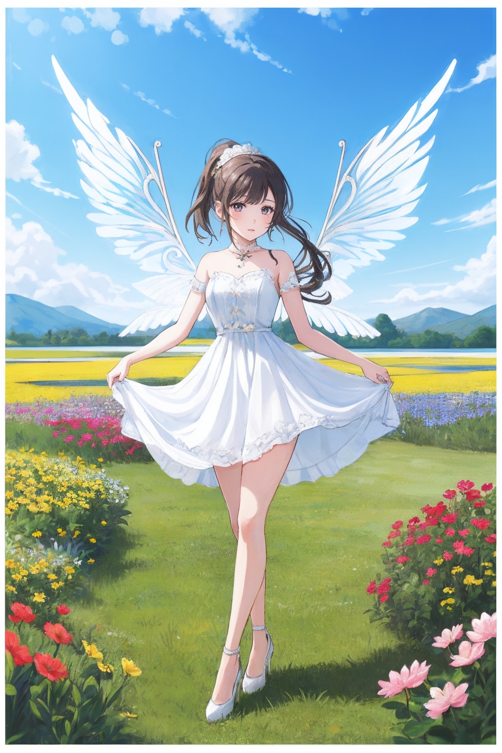 1girl,white dress,short skirt,(very long legs:1.1),(legs apart:1.2),tattoo,nebula,(painted clothes:1.3),standing,(transparent wings:1.3),high heels,high ponytail hanging down to the shoulders,lake,flowers,flowers meadows,grasslands,day,sunny sky,outdoors,<lora:Again_Style_2:1>
