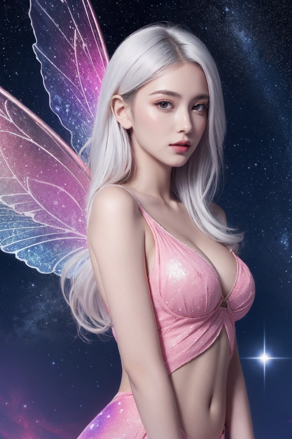 1girl, wings, solo, nebula wings, breasts, white hair, long hair, navel, fairy, pink wings, looking at viewer, star \(sky\), medium breasts, cleavage, bare shoulders, sky, lips, starry sky, collarbone, realistic, nebula, bodypaint, <lora:Again_Style_2:1>
