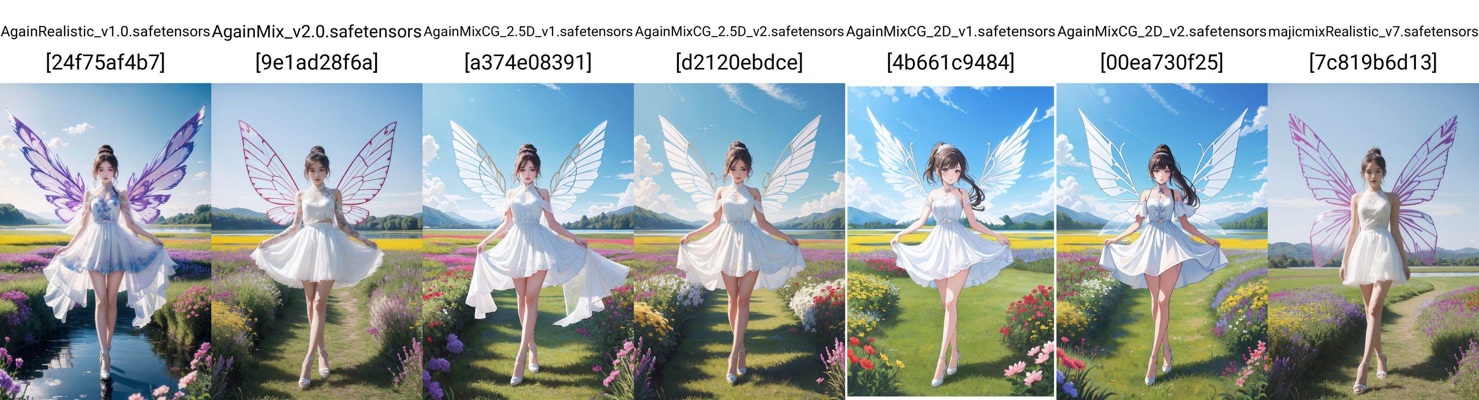 1girl,white dress,short skirt,(very long legs:1.1),(legs apart:1.2),tattoo,nebula,(painted clothes:1.3),standing,(transparent wings:1.3),high heels,high ponytail hanging down to the shoulders,lake,flowers,flowers meadows,grasslands,day,sunny sky,outdoors,<lora:Again_Style_2:1>