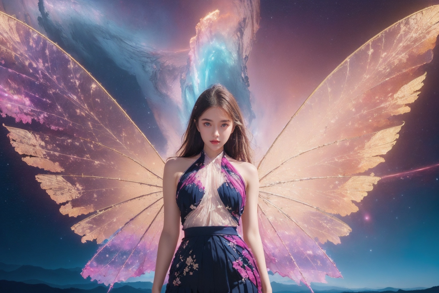 absurdres,ultra detailed,very aesthetic,intricate details,1girl,full body,short skirt,wings, solo, breasts, long hair, looking at viewer, star \(sky\), on sky, starry sky, realistic, nebula, (white halter neck see-through pleated dress:1.2),<lora:Again_Style_2:1>,