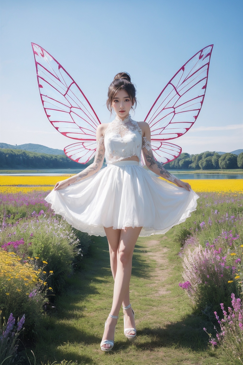 1girl,white dress,short skirt,(very long legs:1.1),(legs apart:1.2),tattoo,nebula,(painted clothes:1.3),standing,(transparent wings:1.3),high heels,high ponytail hanging down to the shoulders,lake,flowers,flowers meadows,grasslands,day,sunny sky,outdoors,<lora:Again_Style_2:1>