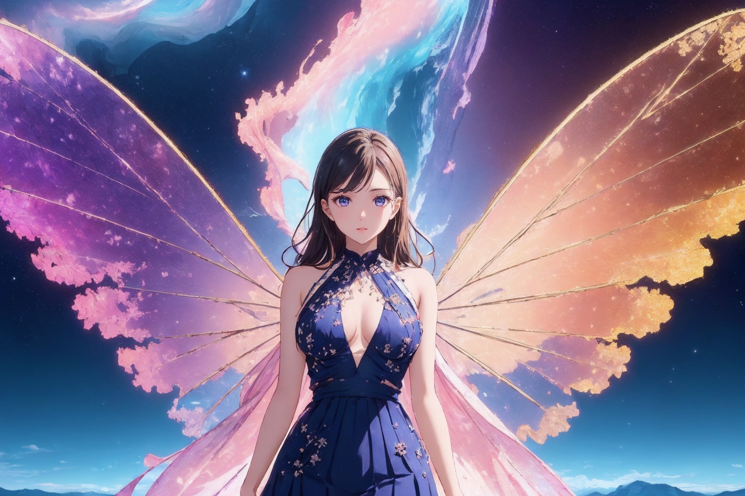 absurdres,ultra detailed,very aesthetic,intricate details,1girl,full body,short skirt,wings, solo, breasts, long hair, looking at viewer, star \(sky\), on sky, starry sky, realistic, nebula, (white halter neck see-through pleated dress:1.2),<lora:Again_Style_2:1>,
