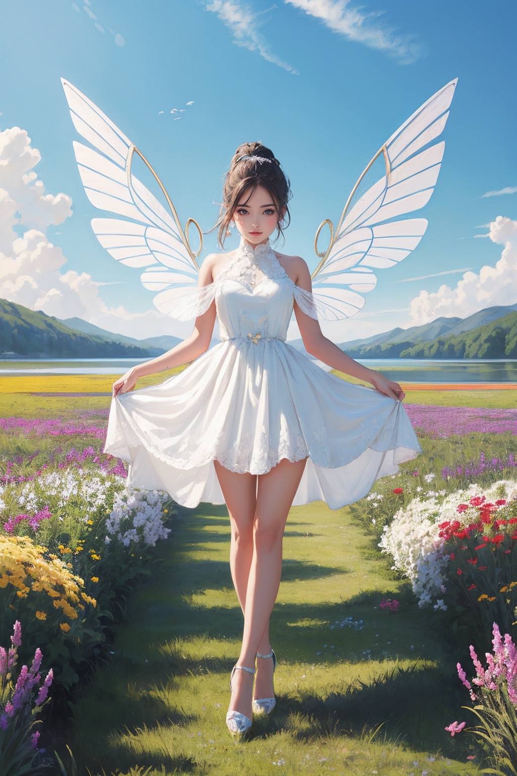 1girl,white dress,short skirt,(very long legs:1.1),(legs apart:1.2),tattoo,nebula,(painted clothes:1.3),standing,(transparent wings:1.3),high heels,high ponytail hanging down to the shoulders,lake,flowers,flowers meadows,grasslands,day,sunny sky,outdoors,<lora:Again_Style_2:1>
