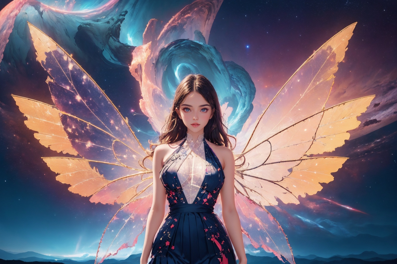 absurdres,ultra detailed,very aesthetic,intricate details,1girl,full body,short skirt,wings, solo, breasts, long hair, looking at viewer, star \(sky\), on sky, starry sky, realistic, nebula, (white halter neck see-through pleated dress:1.2),<lora:Again_Style_2:1>,