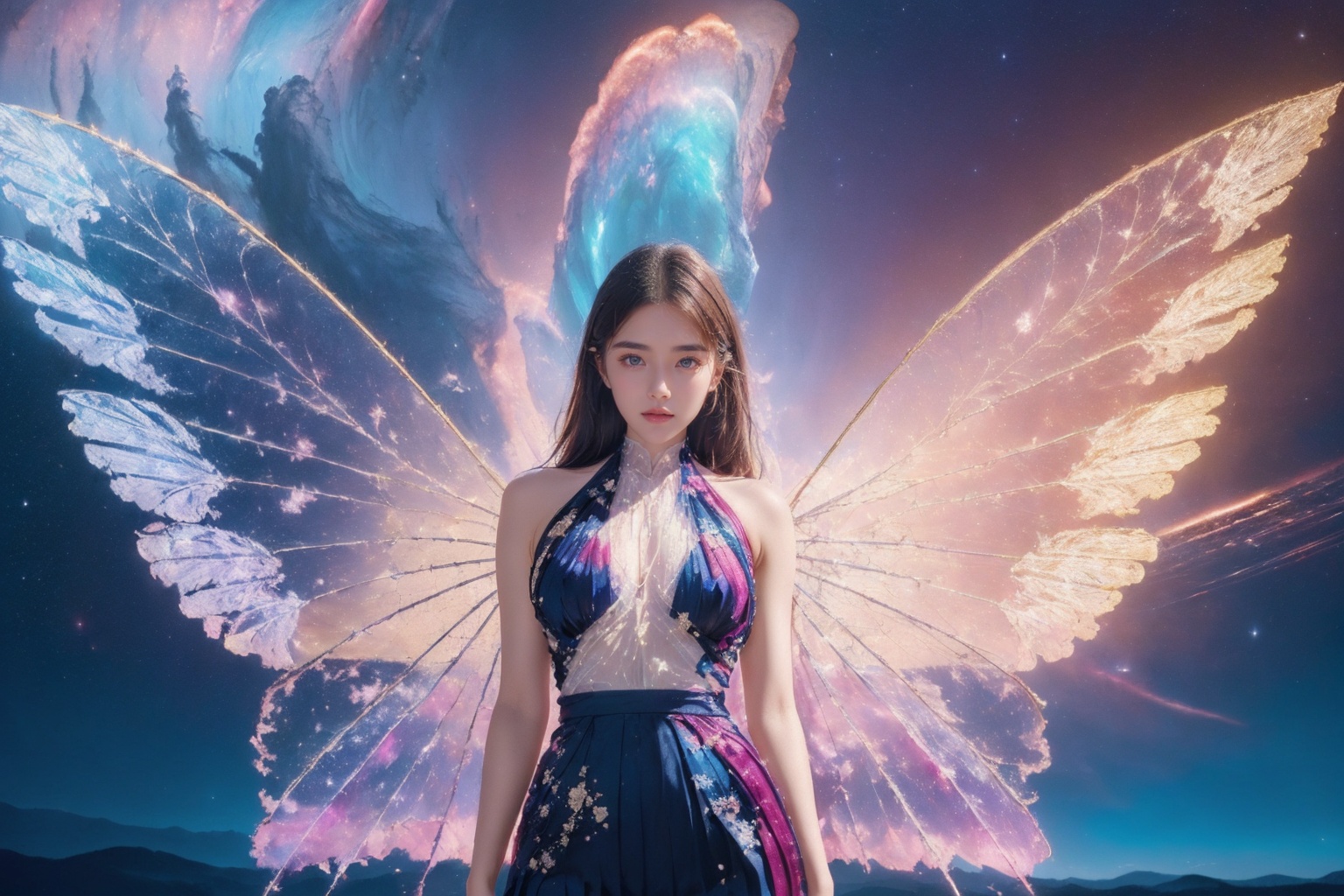 absurdres,ultra detailed,very aesthetic,intricate details,1girl,full body,short skirt,wings, solo, breasts, long hair, looking at viewer, star \(sky\), on sky, starry sky, realistic, nebula, (white halter neck see-through pleated dress:1.2),<lora:Again_Style_2:1>,