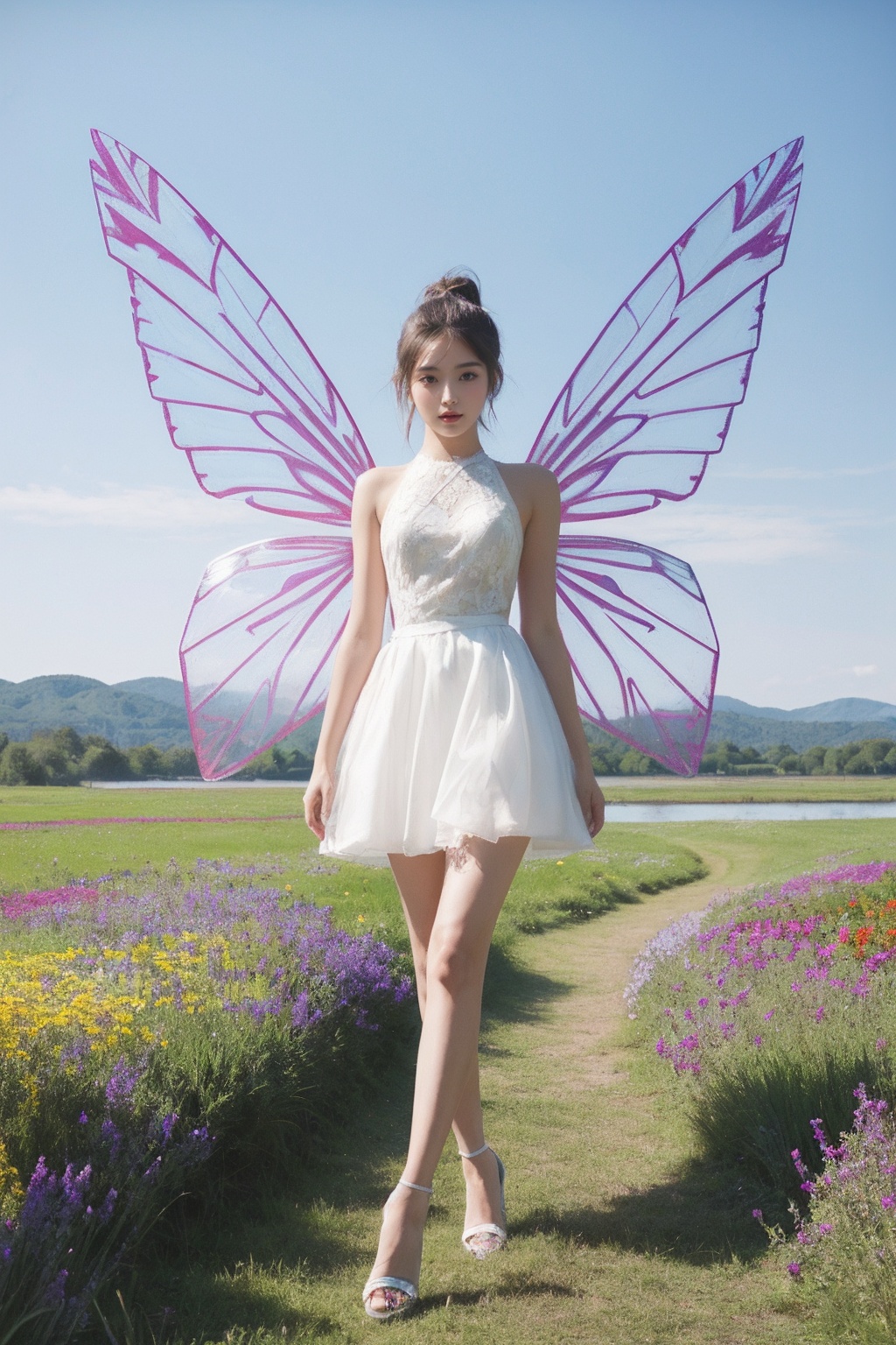 1girl,white dress,short skirt,(very long legs:1.1),(legs apart:1.2),tattoo,nebula,(painted clothes:1.3),standing,(transparent wings:1.3),high heels,high ponytail hanging down to the shoulders,lake,flowers,flowers meadows,grasslands,day,sunny sky,outdoors,<lora:Again_Style_2:1>