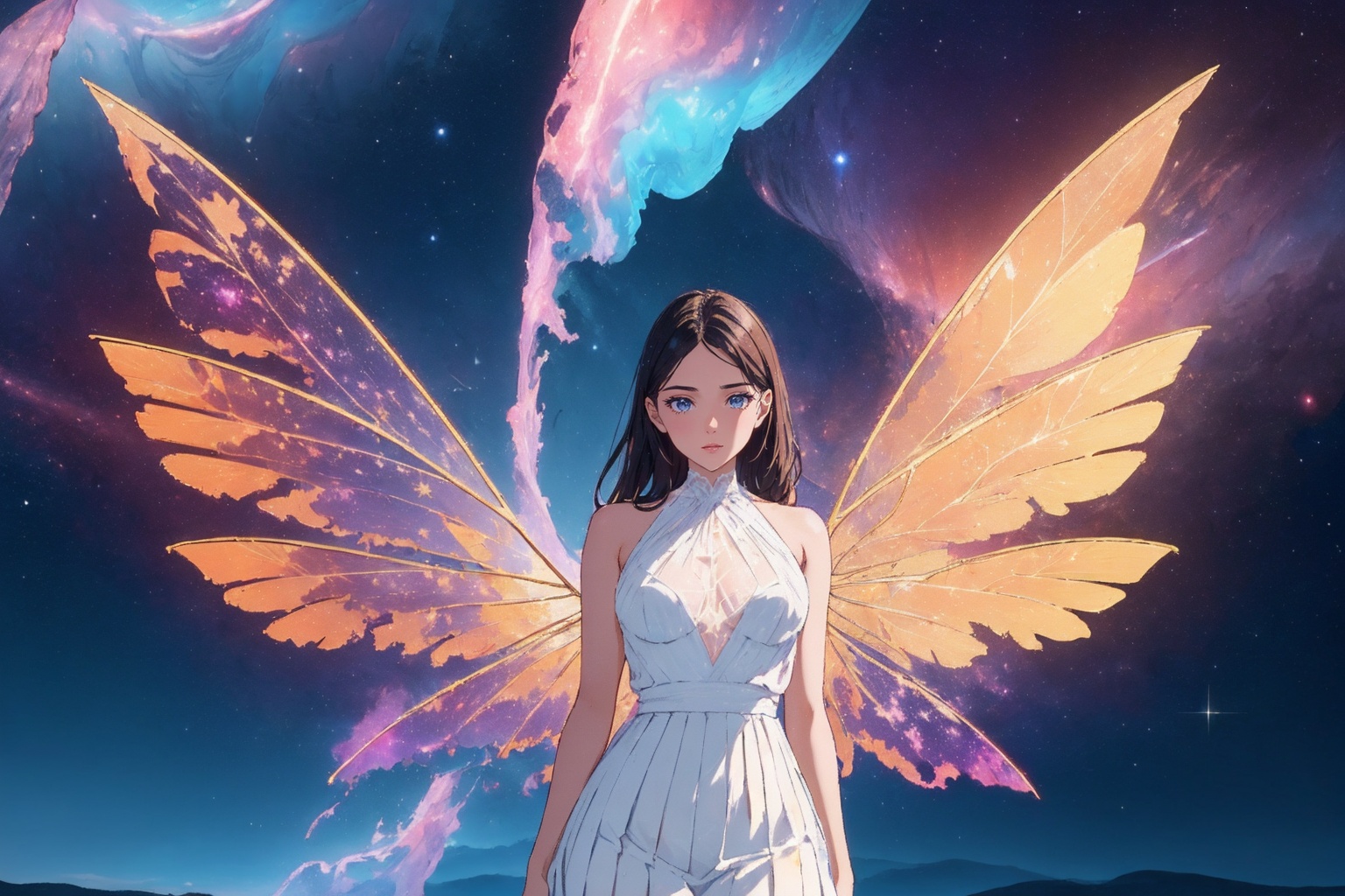absurdres,ultra detailed,very aesthetic,intricate details,1girl,full body,short skirt,wings, solo, breasts, long hair, looking at viewer, star \(sky\), on sky, starry sky, realistic, nebula, (white halter neck see-through pleated dress:1.2),<lora:Again_Style_2:1>,