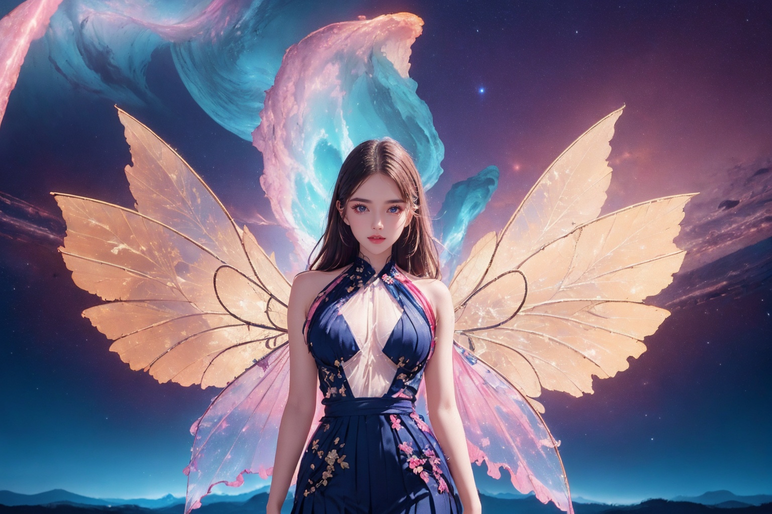 absurdres,ultra detailed,very aesthetic,intricate details,1girl,full body,short skirt,wings, solo, breasts, long hair, looking at viewer, star \(sky\), on sky, starry sky, realistic, nebula, (white halter neck see-through pleated dress:1.2),<lora:Again_Style_2:1>,