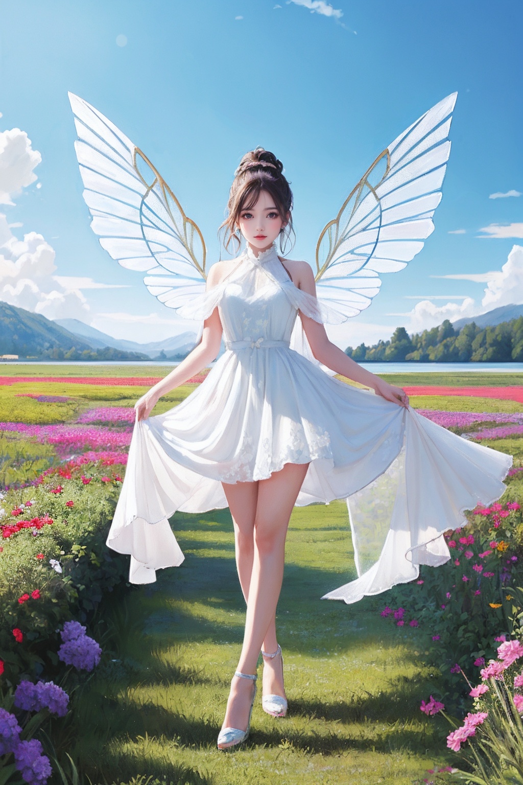 1girl,white dress,short skirt,(very long legs:1.1),(legs apart:1.2),tattoo,nebula,(painted clothes:1.3),standing,(transparent wings:1.3),high heels,high ponytail hanging down to the shoulders,lake,flowers,flowers meadows,grasslands,day,sunny sky,outdoors,<lora:Again_Style_2:1>