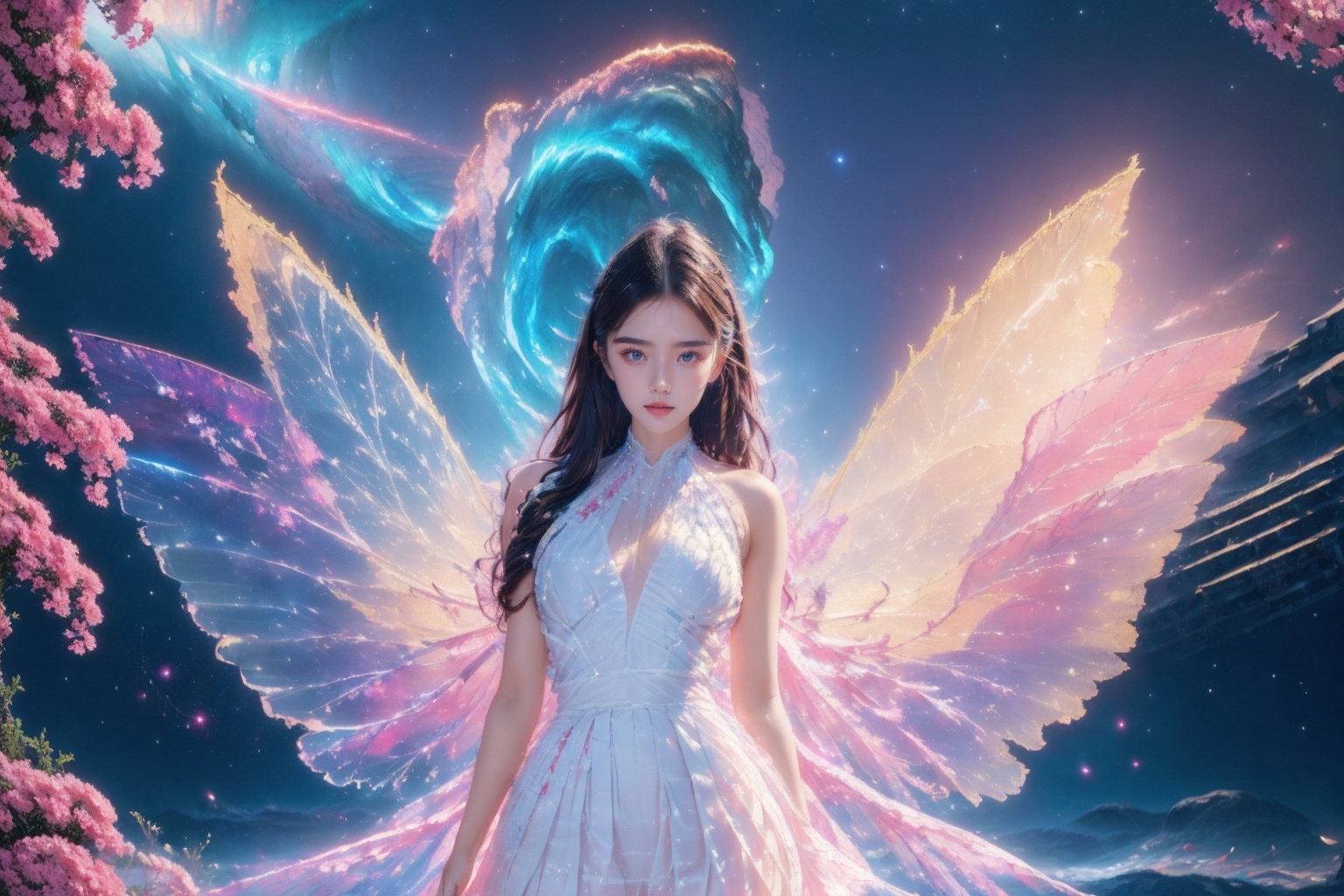 absurdres,ultra detailed,very aesthetic,intricate details,1girl,full body,short skirt,wings, solo, breasts, long hair, looking at viewer, star \(sky\), on sky, starry sky, realistic, nebula, (white halter neck see-through pleated dress:1.2),<lora:Again_Style_2:1>,
