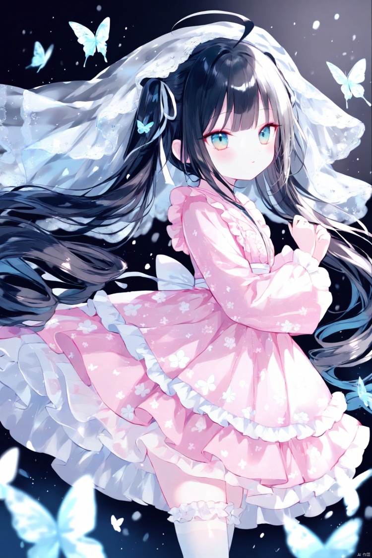  1girl, loli, dress, flower printed, black hair, pink dress, heteromonic, [[sheya]],hiten_(hitenkei),[Nachoneko],
dynamic angle, lolita dress, see through, multi layered dress, bangs, ahoge, from side, very long hair, multi_colored hair, kimono,, long sleeves, twintails, masterpiece, best quality, blurry background, depth of field, iceflake, onnk, butterfly, white thighhighs, frilled thighhighs, see through, veil,
