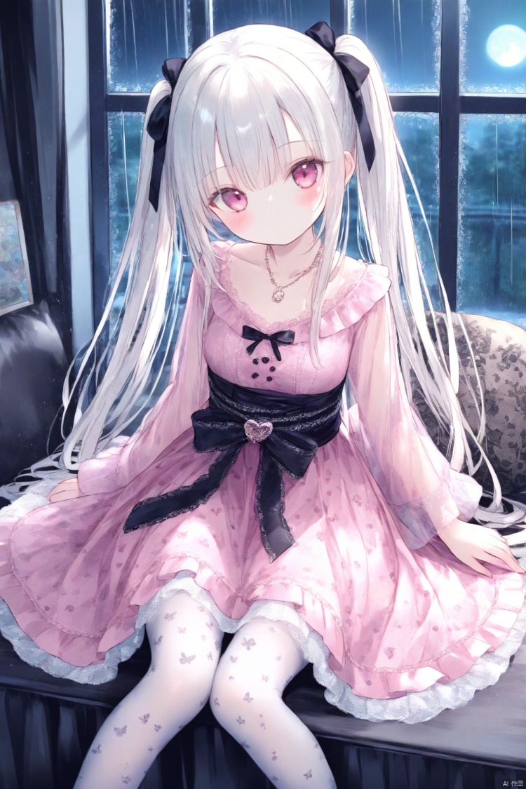 1girl, loli, blush, long hair, white hair, straight hair, twintails, pink dress,
gothic lolita, lolita dress, see-through, wide sleeves, medium breasts, bow, layered dress, lace, necklace, ribbon,
white pantyhose, print pantyhose,
sitting, looking at viewer, full body, expressionless, 
indoors, big window, sash, moonlight, rain, 
onnk, [butterfly:0.8],
masterpiece, best quality, blurry background, depth of field, , tinkle, doll
