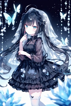  1girl, loli, dress, flower printed, black hair, black dress, heteromonic, [[sheya]],hiten_(hitenkei),[Nachoneko], medium breasts
dynamic angle, lolita dress, see through, multi layered dress, bangs, ahoge, from side, very long hair, multi_colored hair, kimono,, long sleeves, twintails, masterpiece, best quality, blurry background, depth of field, iceflake, onnk, butterfly, white thighhighs, frilled thighhighs, see through, veil,