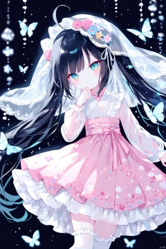  1girl, loli, dress, flower printed, black hair, pink dress, heteromonic, [[sheya]],hiten_(hitenkei),[Nachoneko],
dynamic angle, lolita dress, see through, multi layered dress, bangs, ahoge, from side, very long hair, multi_colored hair, kimono,, long sleeves, twintails, masterpiece, best quality, blurry background, depth of field, iceflake, onnk, butterfly, white thighhighs, frilled thighhighs, see through, veil,