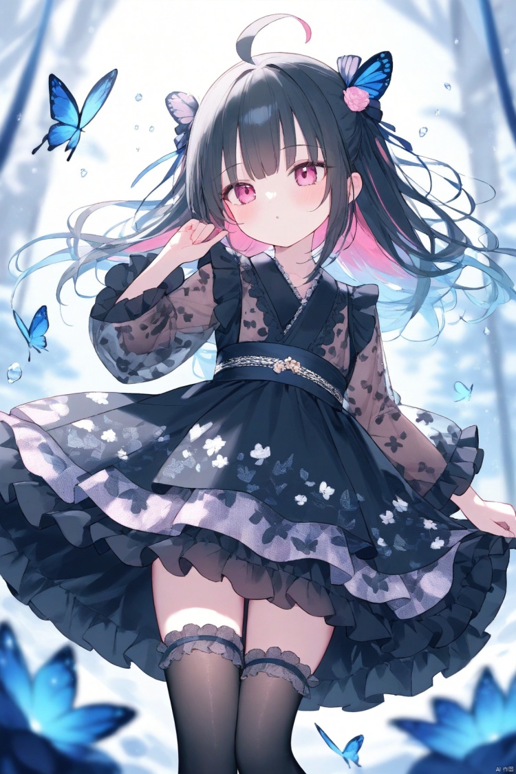 1girl, loli, dress, flower printed, black hair, black dress, heteromonic, dynamic angle, lolita dress, see through, multi layered dress, bangs, ahoge, from sude, multi_colored hair, kimono,, long sleeves, masterpiece, best quality, blurry background, depth of field, iceflake, onnk, butterfly, black thighhighs, frilled thighhighs,