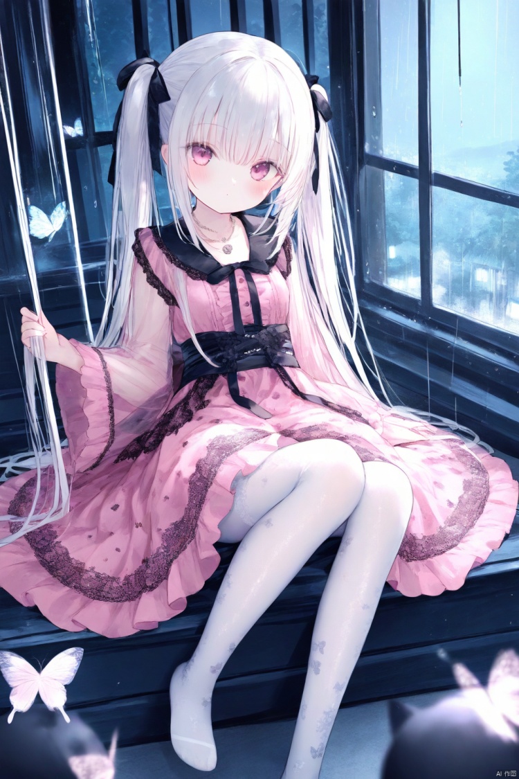 1girl, loli, blush, long hair, white hair, straight hair, twintails, pink dress,
gothic lolita, lolita dress, see-through, wide sleeves, medium breasts, bow, layered dress, lace, necklace, ribbon,
white pantyhose, print pantyhose,
sitting, looking at viewer, full body, expressionless, 
indoors, big window, sash, moonlight, rain, 
onnk, [butterfly:0.8],
masterpiece, best quality, blurry background, depth of field, , tinkle, doll